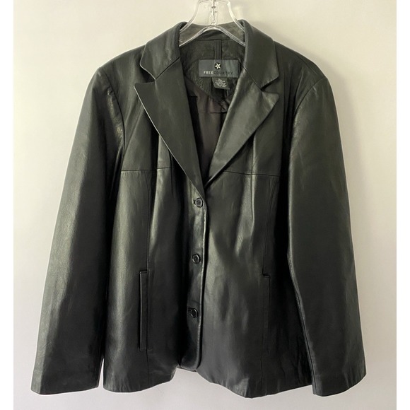 Free Country Jackets & Blazers - VTG Free Country Black Leather Jacket Women's Large Button Up Lined Streetwear